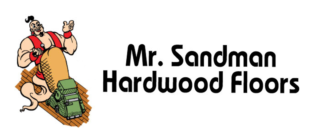 Cartoon character polishing a hardwood floor with the text "Mr. Sandman Hardwood Floors" beside it.
