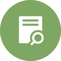 A green circle with an image of a paper and magnifying glass.