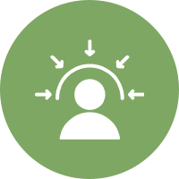 A green circle with arrows pointing to the top of a person 's head.